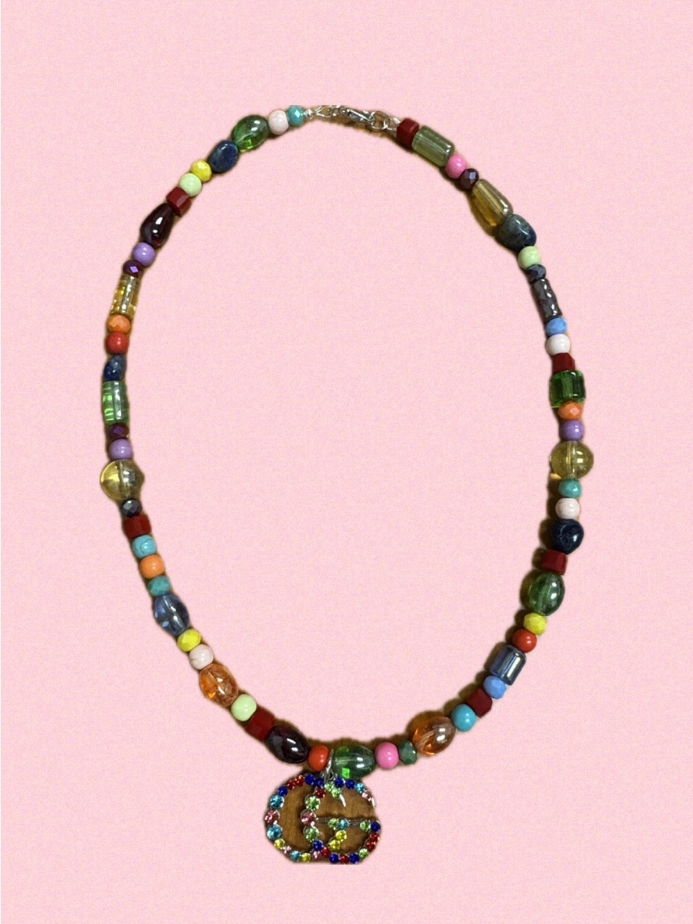 Multicolor Beaded Necklace with Crystal Pendant - Women Jewelry